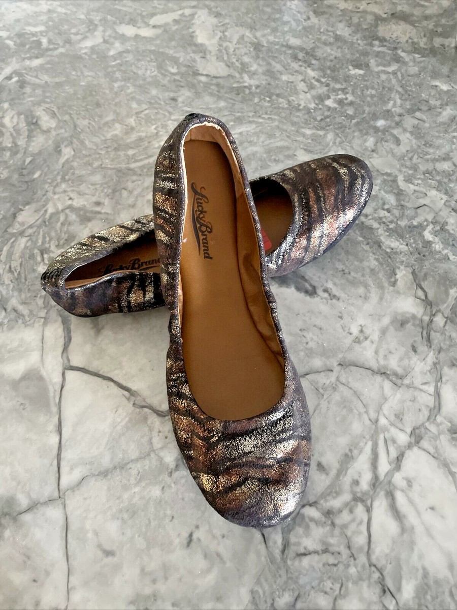 Lucky Brand Emmie Women's Sz Vegan Brown Metallic Animal Print Ballet  Flats