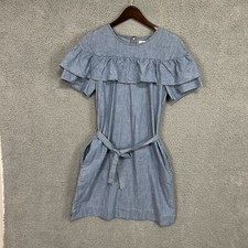 J. Crew Dress Women’s 4 Tall Edie Blue Chambray Ruffle Pockets Romantic Beach