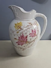 Bridgwood White Ironstone Pitcher Pink Yellow Stained Farmhouse Kitchen Decor