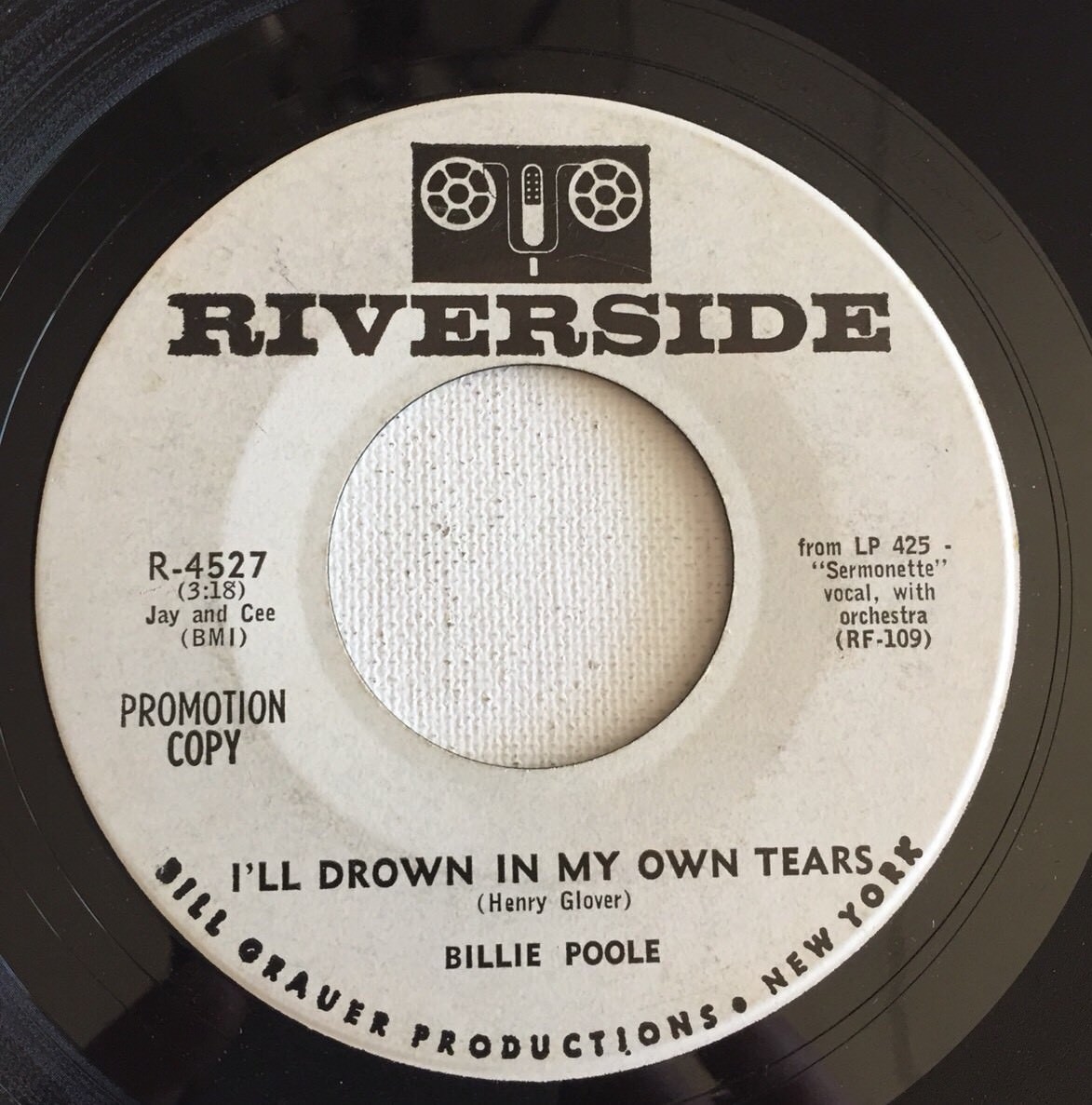 BILLIE POOLE, I'LL DROWN IN MY OWN TEARS, RIVERSIDE#4527, PROMO 45 RECORD, 1962