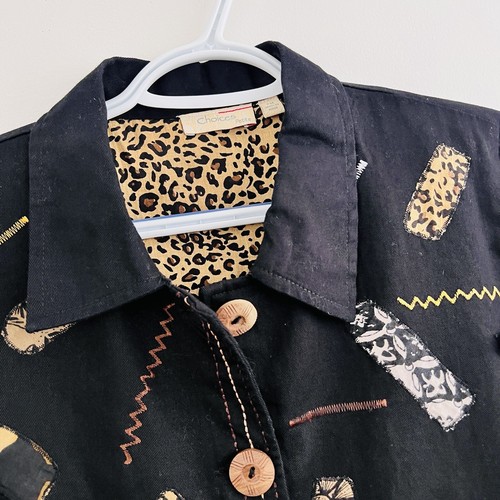 Choices Vintage Petite Black Leopard Cat Patchwork Lined Big Button Jacket Med