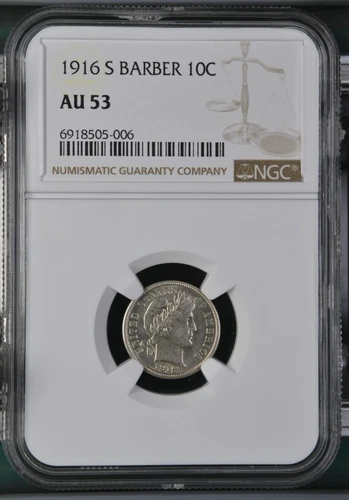1916-S Barber Dime 10C - NGC AU 53