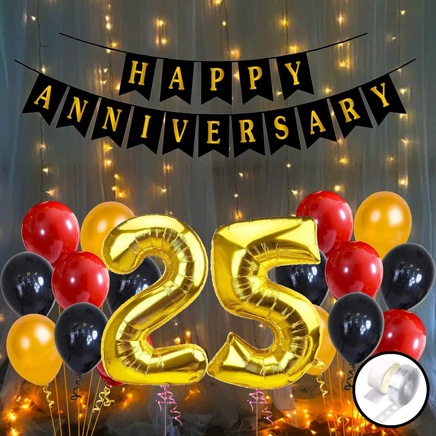 25th Happy Anniversary Decoration Items with LED Light Banner, Balloons, Arch, G
