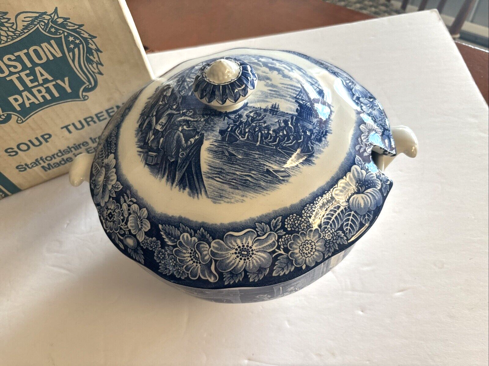 STAFFORDSHIRE IRONSTONE LIBERTY BLUE SOUP TUREEN W /Lid Boston Tea
