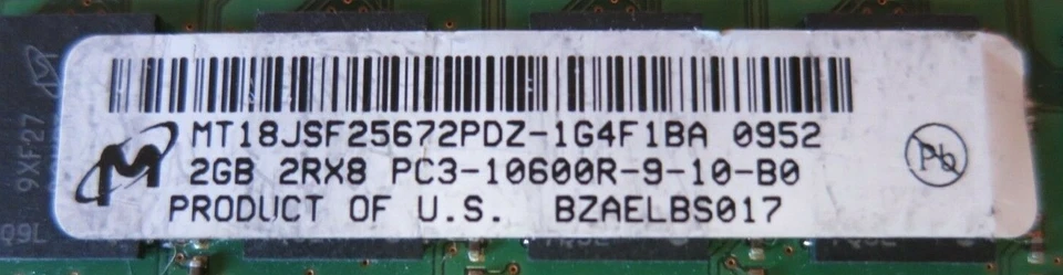 Micron MT18JSF25672PDZ-1G4F1BA 2GB PC3-10600 DDR3-1333MHz ECC CL9 240P Memory - Image 3 of 3
