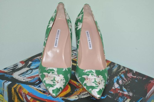 New Manolo Blahnik *RARE* Green Floral Lillies 4" Bb Pumps High heels shoes 40 - Picture 5 of 10