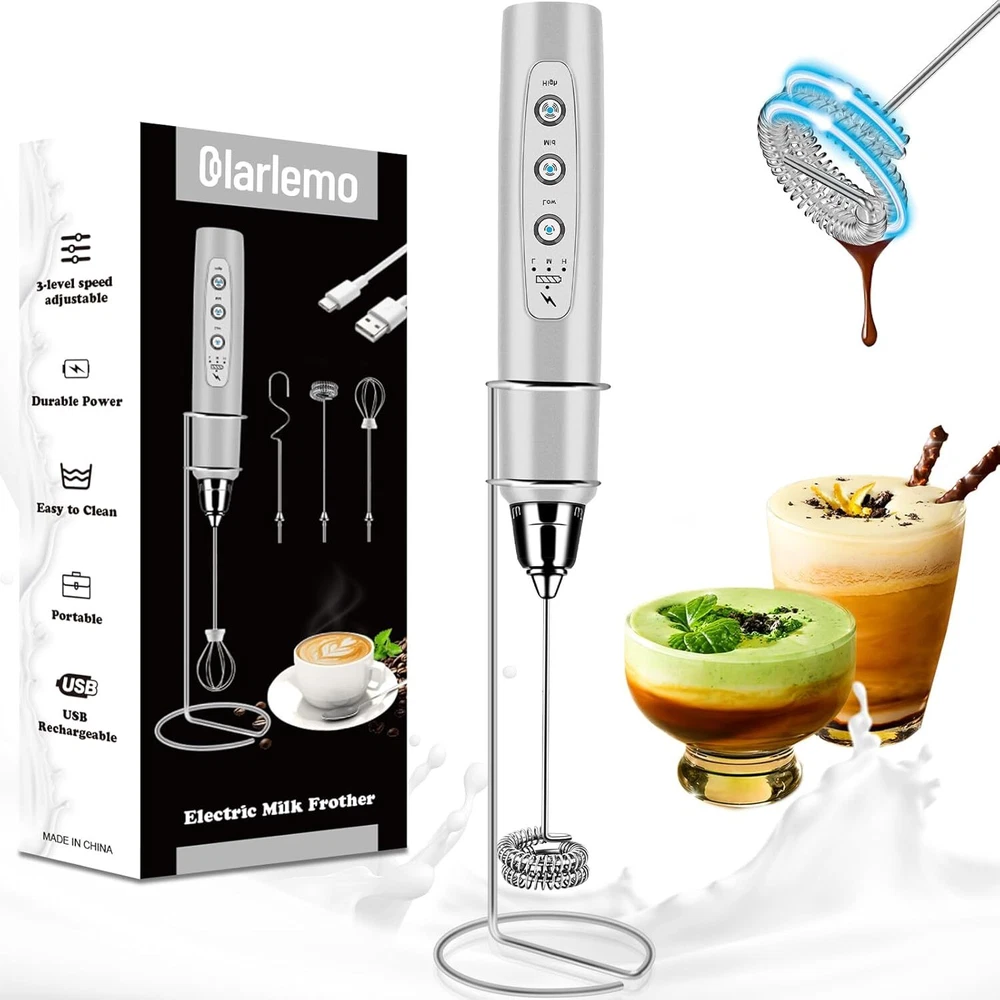 Milk Frother Handheld Rechargeable with Stand, Wand Drink Silver