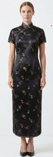 Vintage Golden Dragon Silk Cheongsam Qipao Dress - Black Floral Butterfly S