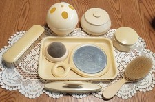 Vintage Celluloid 9 Piece Vanity Set Mirror Brushes Jars Buffer Tray