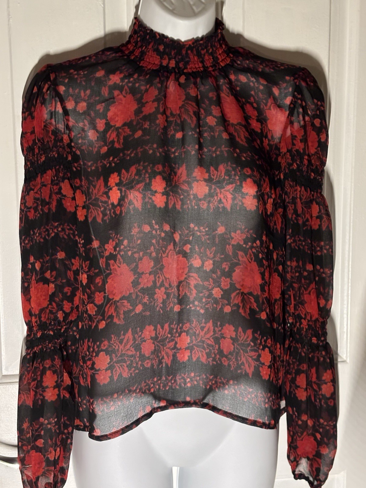Steve Madden Women's Size Medium Blouse Red Black Semi Sheer Top Mock Neck Shirt