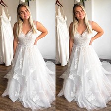 Elegant Wedding Dresses V Neck Lace Appliques A Line Plus Size Bridal Gown