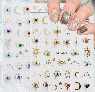 Evil Eye Nagelsticker Gold Silber Hamsa Mond Stern Nail Art Decals DIY Mani 2293