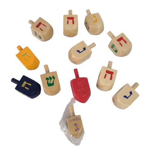 Mixed Lot Of 12 Hanukkah Wooden Plastic Dreidels Small Spinning Top Toy Chanukah