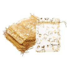50 Pcs Sacs Organza Imprimés Coeur Transparents 4x6 Pouces Avec Cordon, Or