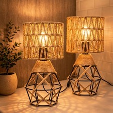Boho Table Lamps Set of 2, Industrial Bedside Lamps with Woven Shade, Farmhou...