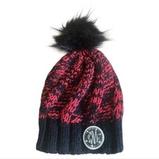 DKNY Red And Black Herringbone Knit Beanie Hat With Faux Fur Pompom