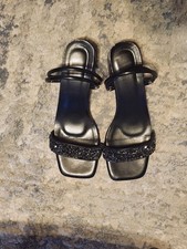 Black Rhinestone Strappy Block Heel Women's Sandals Synthetic Slip On