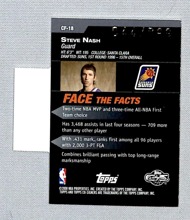 Steve Nash 2008-09 Topps Co-Signers Changing Faces Left /899 #CF-18 Phoenix Suns - Image 2 of 2