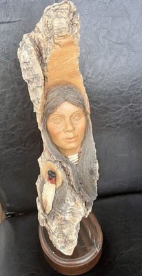 Kissino Native American Woman Handmade Sculpture on Wood Base