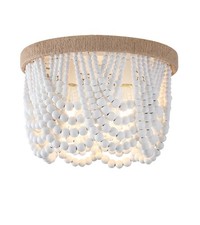 White Boho Wood Beaded with Hemp Rope Flush Mount Ceiling Light Farmhouse Sma...