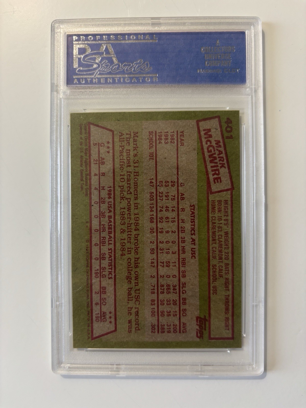 1985 TOPPS 1984 USA BASEBALL TEAM #401 MARK McGWIRE RC PSA 9 view 2