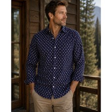 J.McLaughlin Button Down Shirt Mens L Navy Blue Floral Medallion Modern Fit