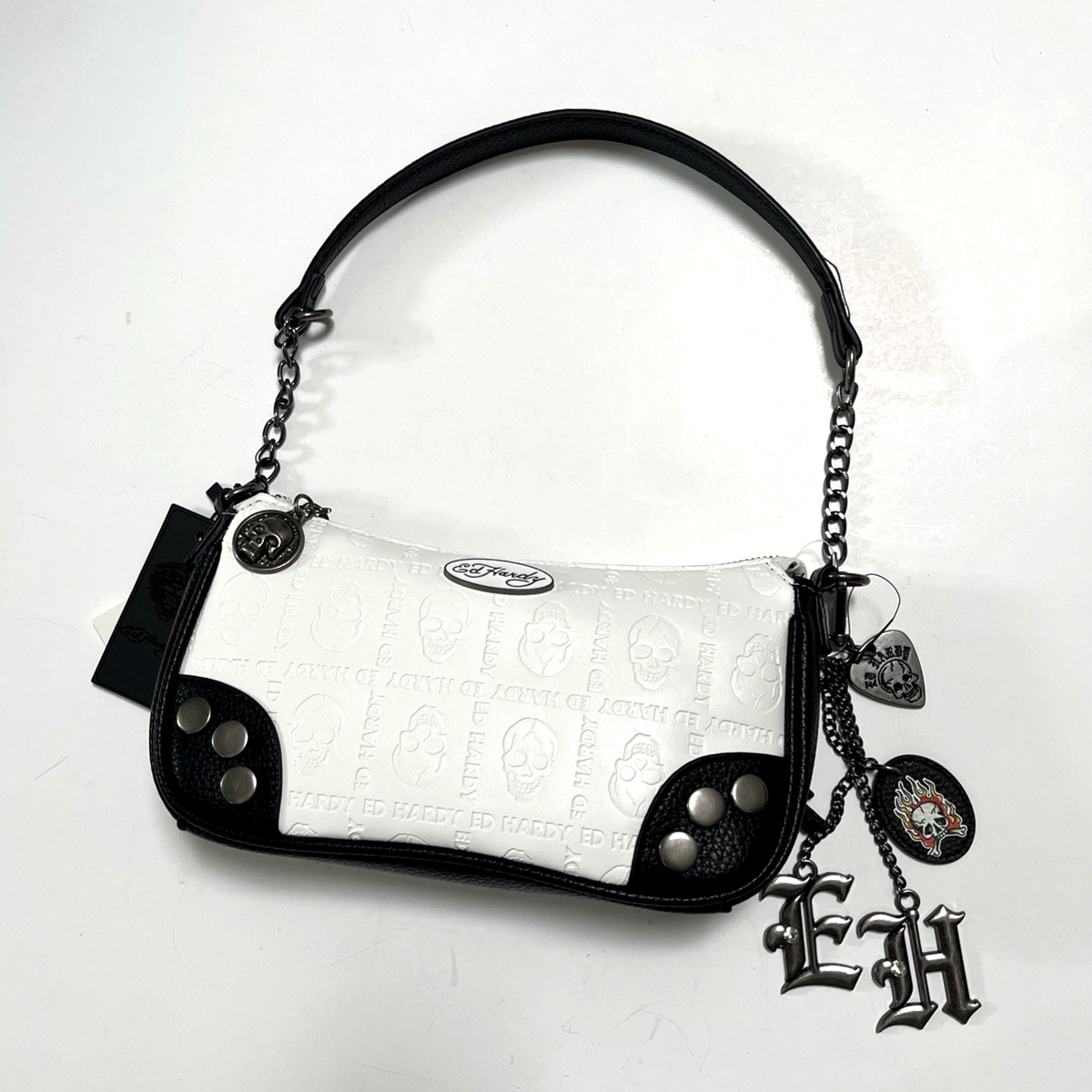 Ed Hardy Skull Embossed Shoulder Bag Studded Charms Y2K Crossbody