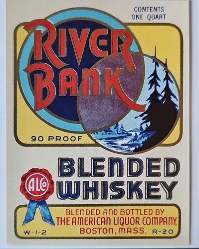 Vintage River Bank Blended Whiskey American Liquor Co. Fruit Crate Label Print - Picture 1 of 3
