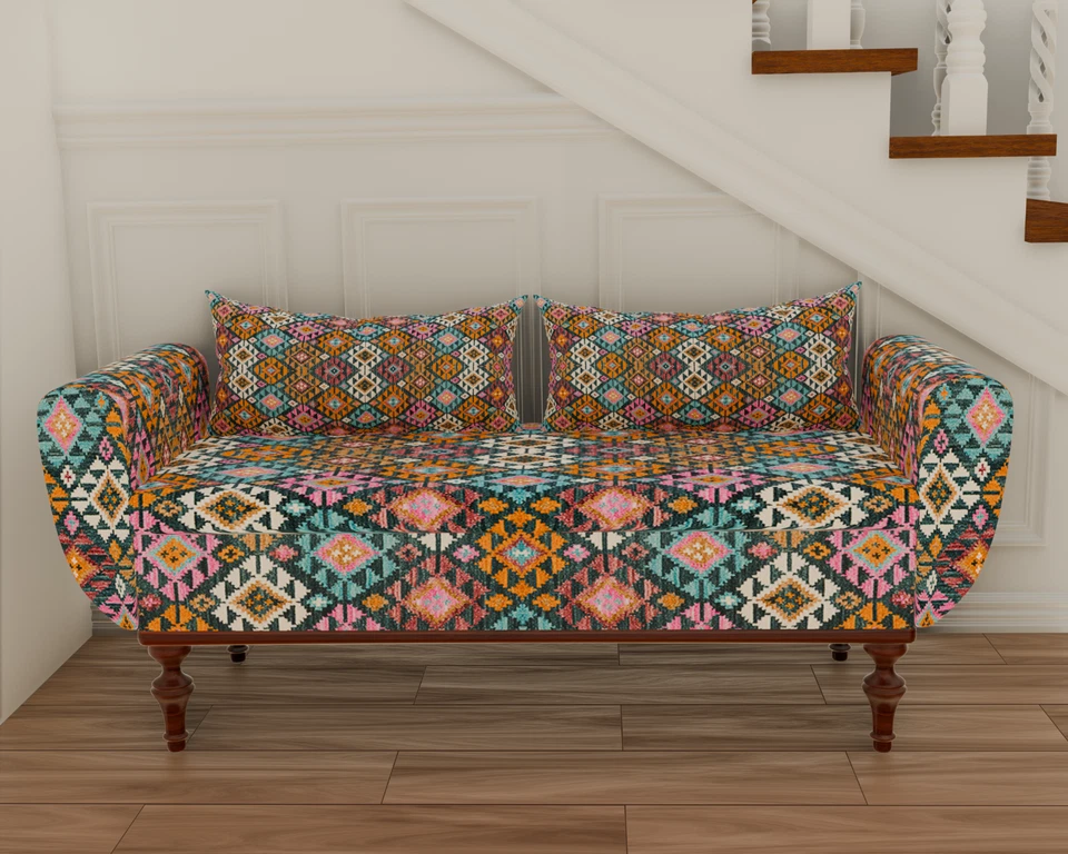 Pink Pastel Multicolor Print Vintage Rug Upholstered Ottoman Bench With Storage - Image 2 of 4
