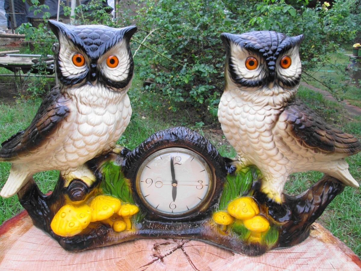 owl様 Double Owl Mantle Clock Large Plaster Electric Clock WORKS Owls in
