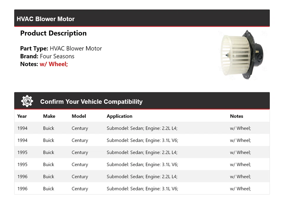 Motor soplador de climatización para sedán Buick Century 1994-1996 4 estaciones 1995 Foto 2 de 4