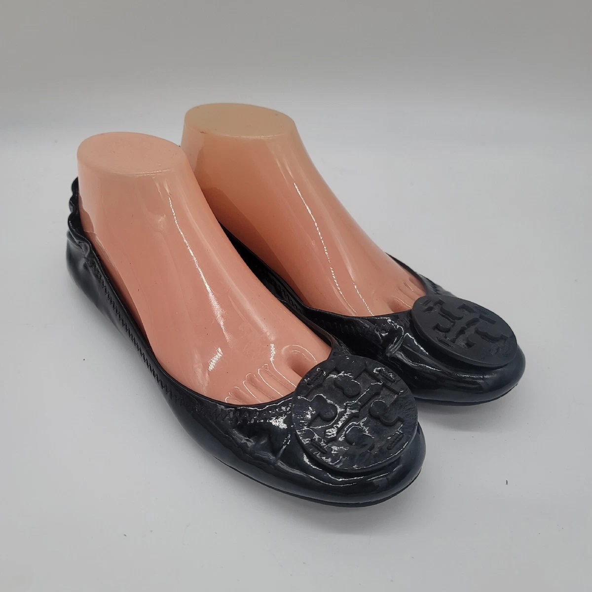 TORY BURCH Women s Black Patent Leather Cap Toe Logo Ballet Flats Glossy Size 8