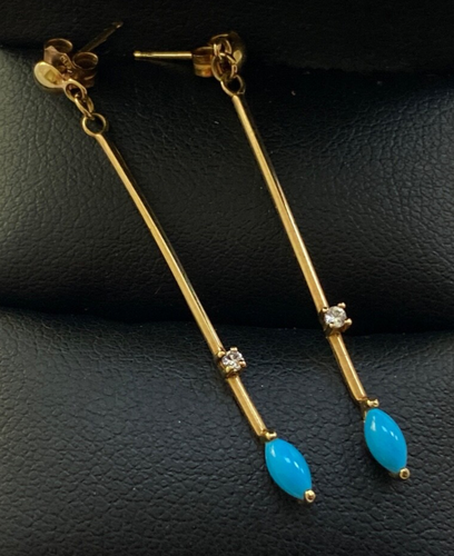 9CT GOLD TURQUOISE DIAMOND EARRINGS DROPS DANGLE STUDS - Picture 2 of 5