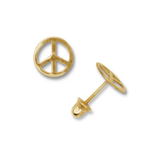 14K Yellow & White Gold Peace Sign Screw Back Stud Earring for Women - Picture 1 of 1
