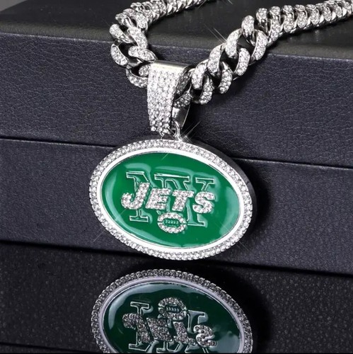 NEW YORK JETS GEM NECKLACE Silver NFL Team Bling HipHop Pendant & 20 ...