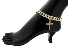 Women Girls Stone Filled Cross Charm 10"Cuban Chain Anklet Ankle Bracelet RAK113
