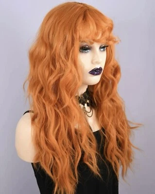 Perruque Synthétique Femme Frange Wig Orange Roux Cheveux Long Ondulé  +4 Bonnet - Photo 1/4