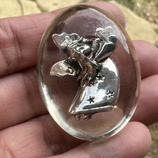 VTG 1980s Guardian Angel Charm 1.5" Silver Tone Metal Oval Lucite Acrylic