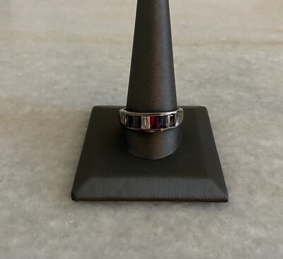 Schönes Sterlingsilber rot weiß blau Kristall Ring Band Größe 12