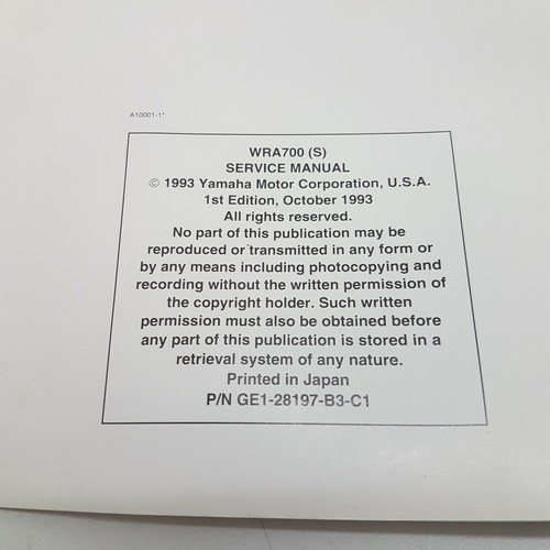 Yamaha WaveRunner III MarineJet 700TL WRA700(S) Service Manual 1st ed Oct 1993 - Picture 2 of 4