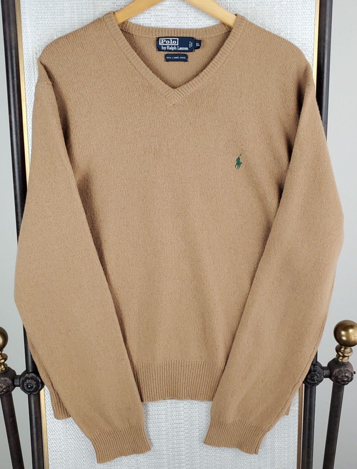 POLO RALPH LAUREN taglia XL uomo 100% lana di agnello scollo a V kaki sabbia maglione pony marrone