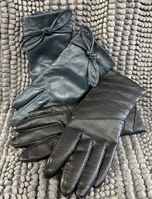 Ladies Gloves-2 Pairs-Green w/Bow (Merano) & Black (Unlabeled) - Small/Medium Sz