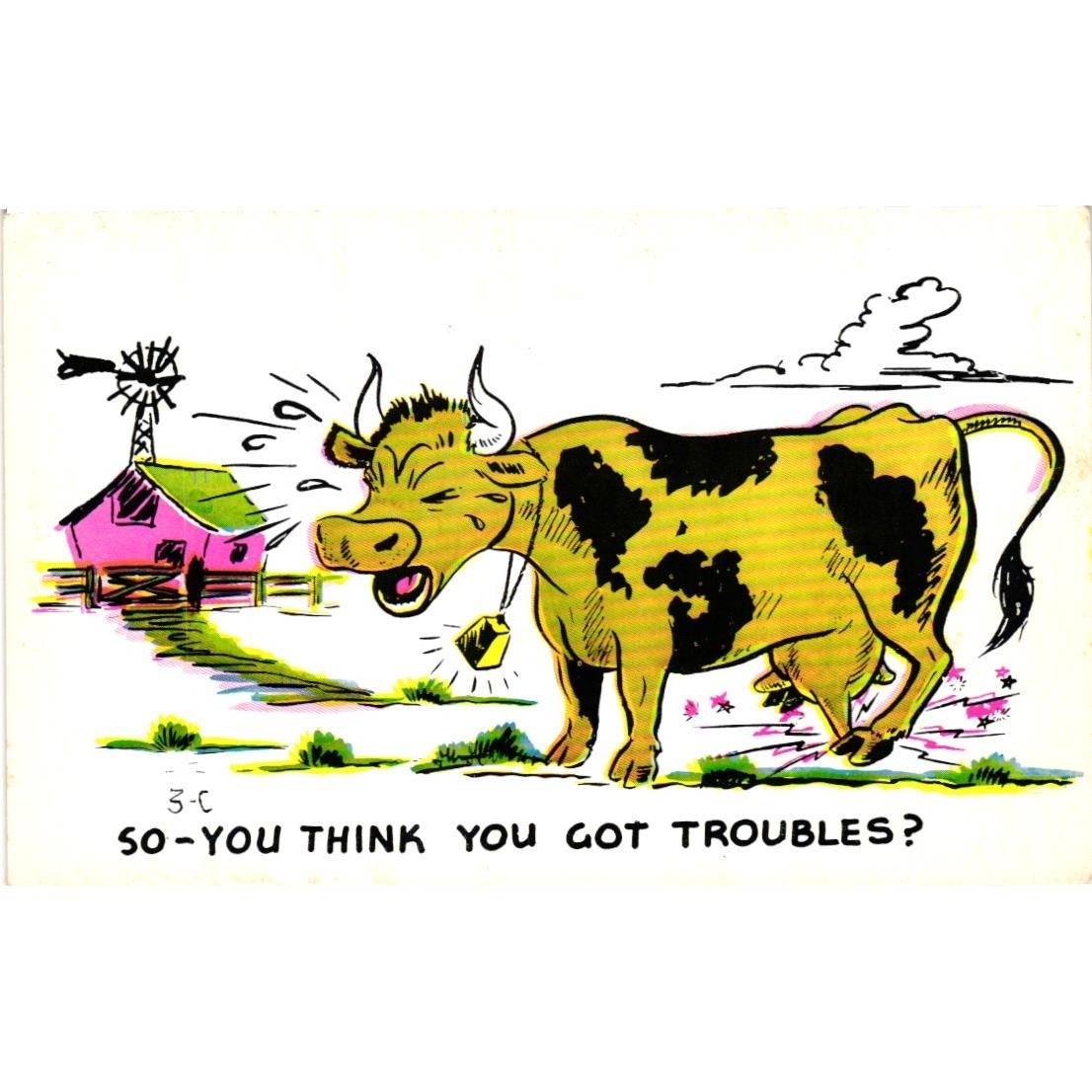 Vintage Baxtone Laff Gram Humor Postcard Cow Farm Amarillo Texas Unposted 3-C