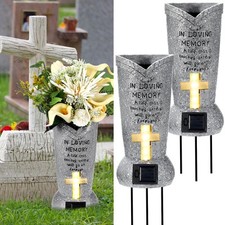 2 Pcs Solar Cemetery Grave Vase with LED for Fresh Artificial Flowers Headsto...