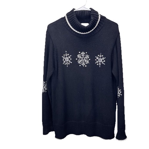 Quacker Factory Black Snowflakes Glitter Sequin Turtleneck Tunic Sweater MEDIUM - Picture 1 of 10