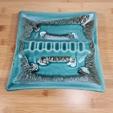 MCM Glazed Ceramic Ashtray 8" x 8.5"  Sea Green Black & White Mid Century Modern