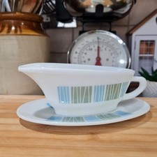 Vintage Pyrex Gravy Sauce Boat & Saucer Set Matchmaker Pattern Blue 60s 70s
