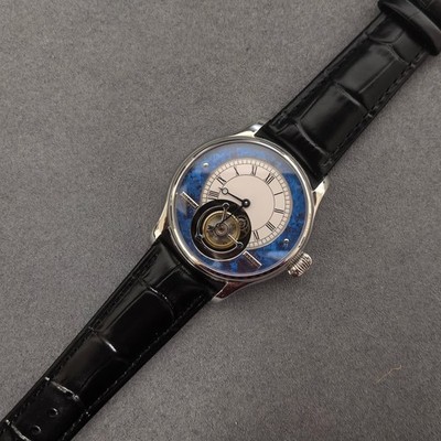 Merkur Men Tourbillon Watch Manual Winding Mechanical Wristwatch Blue Stone Dial
