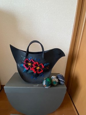 Mina Perhonen Tori Bird Bag Handbag Black Leather flower Unused w/Boxz 2602TK