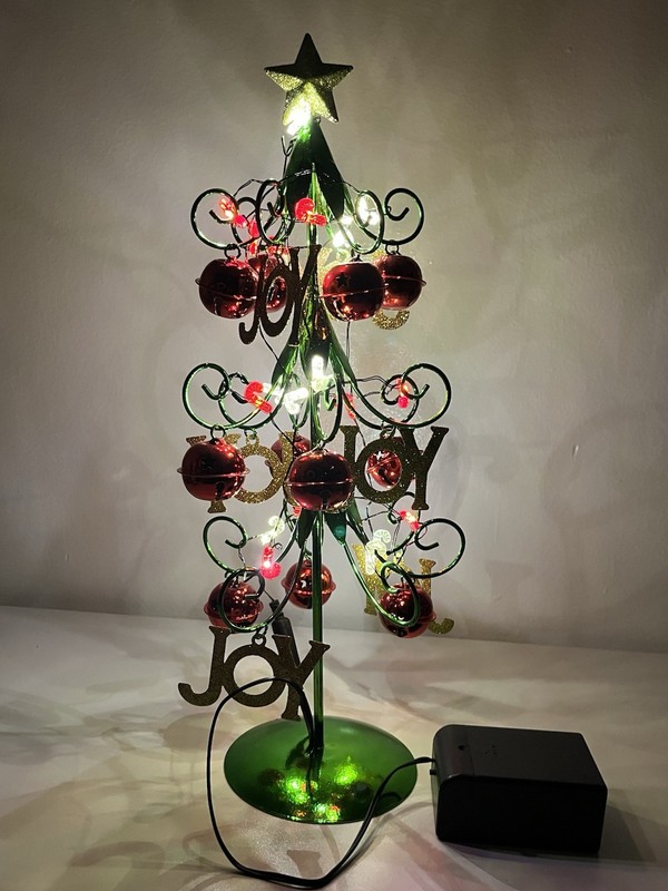 Green Metallic Metal Decorated Christmas Tree With Lights And Ornaments